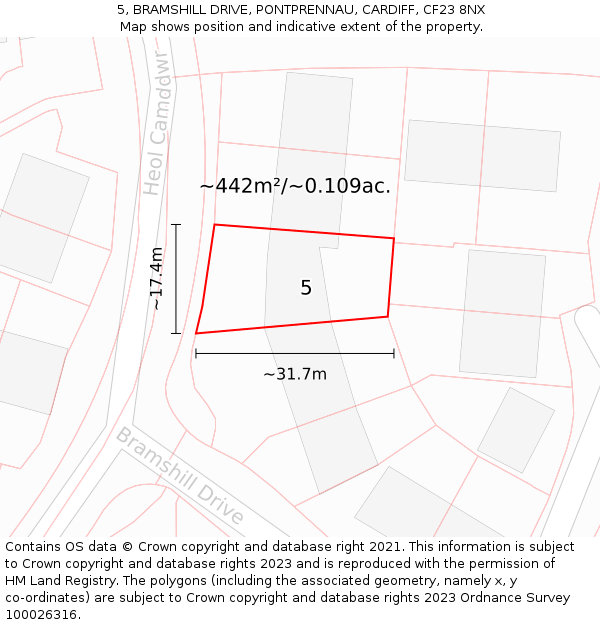 5, BRAMSHILL DRIVE, PONTPRENNAU, CARDIFF, CF23 8NX: Plot and title map