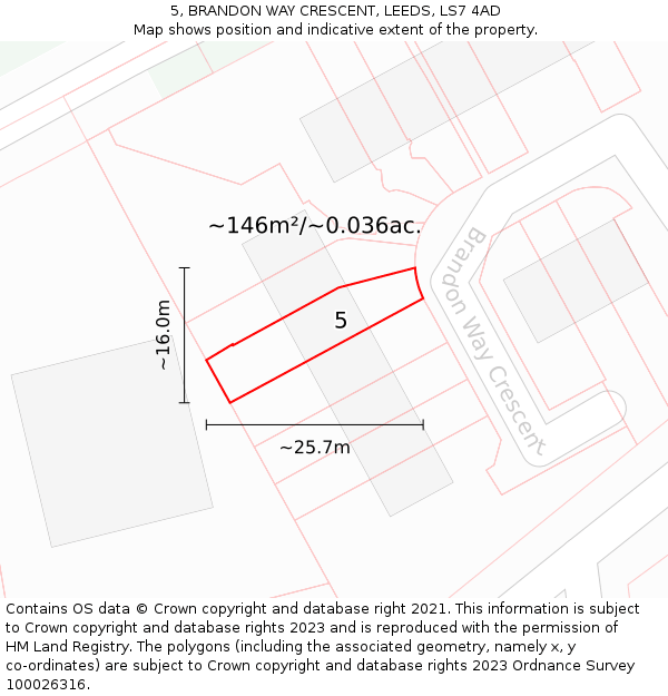 5, BRANDON WAY CRESCENT, LEEDS, LS7 4AD: Plot and title map