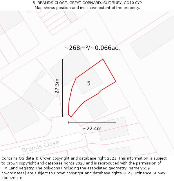 5, BRANDS CLOSE, GREAT CORNARD, SUDBURY, CO10 0YP: Plot and title map