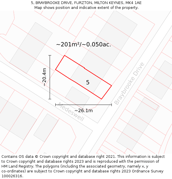 5, BRAYBROOKE DRIVE, FURZTON, MILTON KEYNES, MK4 1AE: Plot and title map