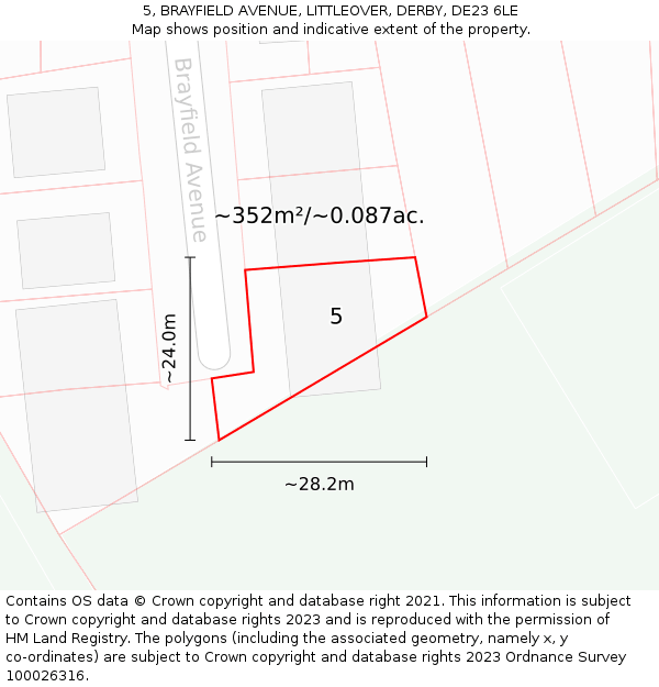 5, BRAYFIELD AVENUE, LITTLEOVER, DERBY, DE23 6LE: Plot and title map