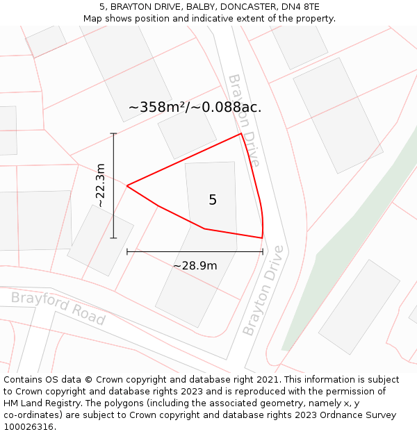 5, BRAYTON DRIVE, BALBY, DONCASTER, DN4 8TE: Plot and title map