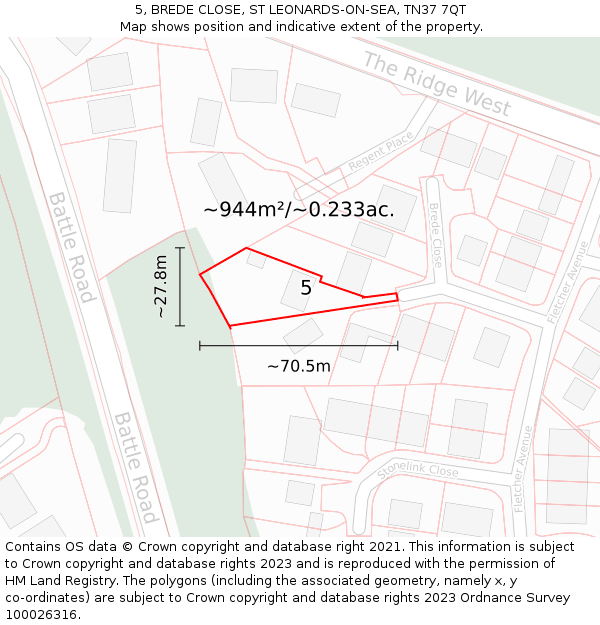 5, BREDE CLOSE, ST LEONARDS-ON-SEA, TN37 7QT: Plot and title map