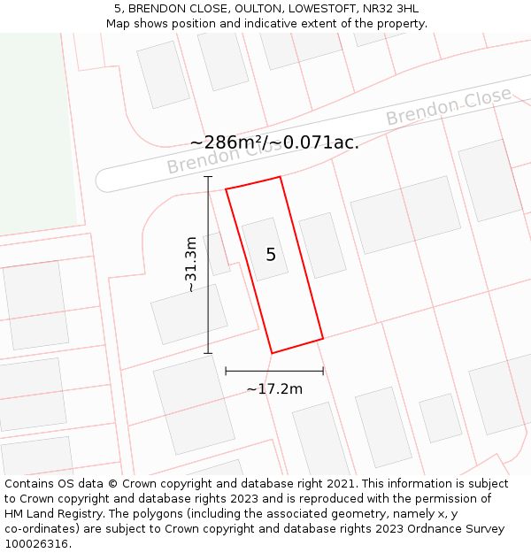 5, BRENDON CLOSE, OULTON, LOWESTOFT, NR32 3HL: Plot and title map