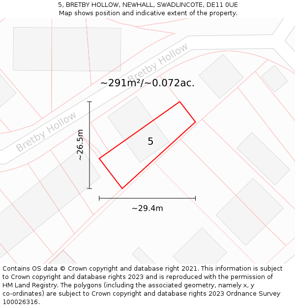 5, BRETBY HOLLOW, NEWHALL, SWADLINCOTE, DE11 0UE: Plot and title map