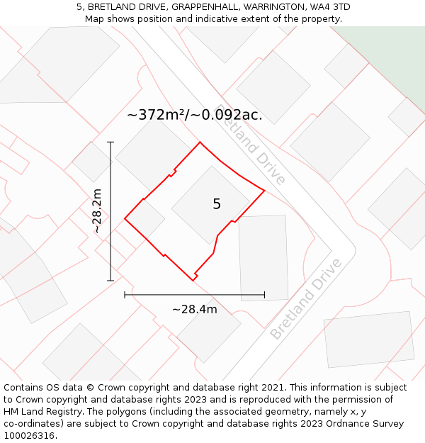 5, BRETLAND DRIVE, GRAPPENHALL, WARRINGTON, WA4 3TD: Plot and title map