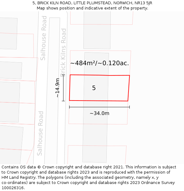 5, BRICK KILN ROAD, LITTLE PLUMSTEAD, NORWICH, NR13 5JR: Plot and title map