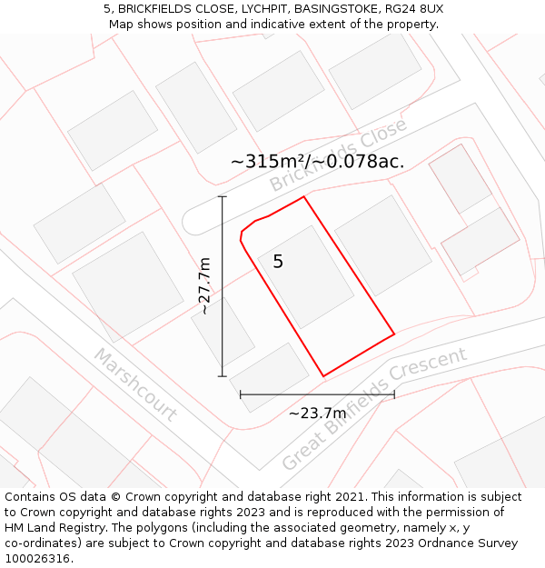 5, BRICKFIELDS CLOSE, LYCHPIT, BASINGSTOKE, RG24 8UX: Plot and title map