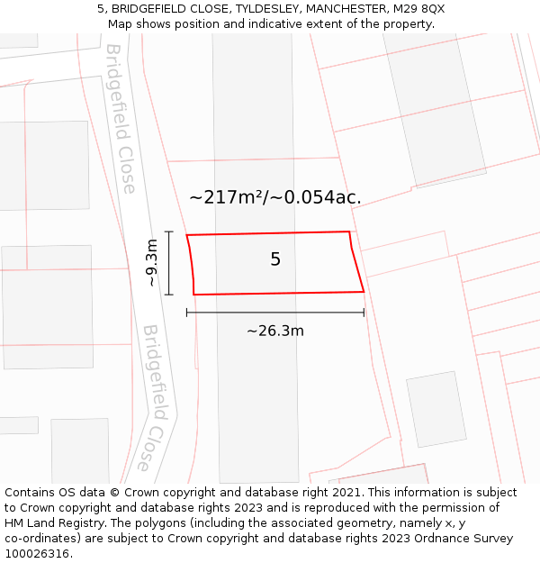 5, BRIDGEFIELD CLOSE, TYLDESLEY, MANCHESTER, M29 8QX: Plot and title map