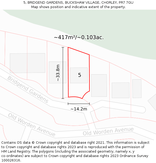 5, BRIDGEND GARDENS, BUCKSHAW VILLAGE, CHORLEY, PR7 7GU: Plot and title map