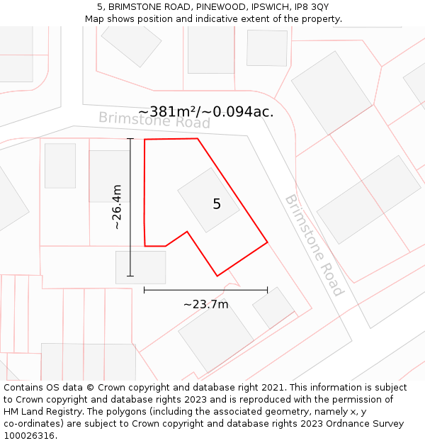 5, BRIMSTONE ROAD, PINEWOOD, IPSWICH, IP8 3QY: Plot and title map