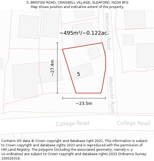 5, BRISTOW ROAD, CRANWELL VILLAGE, SLEAFORD, NG34 8FG: Plot and title map