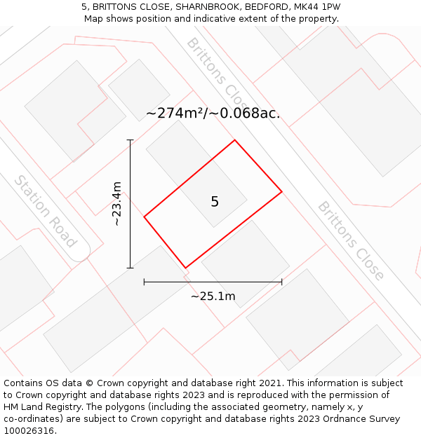5, BRITTONS CLOSE, SHARNBROOK, BEDFORD, MK44 1PW: Plot and title map