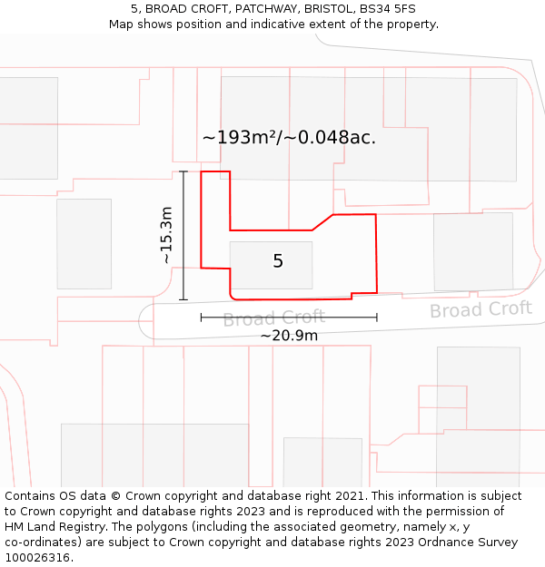 5, BROAD CROFT, PATCHWAY, BRISTOL, BS34 5FS: Plot and title map