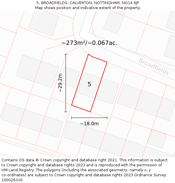 5, BROADFIELDS, CALVERTON, NOTTINGHAM, NG14 6JP: Plot and title map