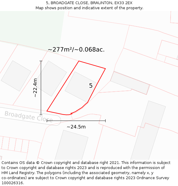5, BROADGATE CLOSE, BRAUNTON, EX33 2EX: Plot and title map