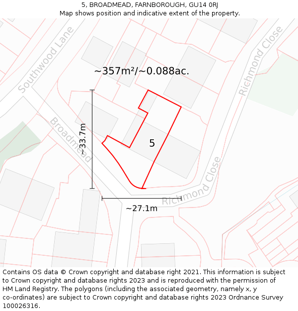 5, BROADMEAD, FARNBOROUGH, GU14 0RJ: Plot and title map
