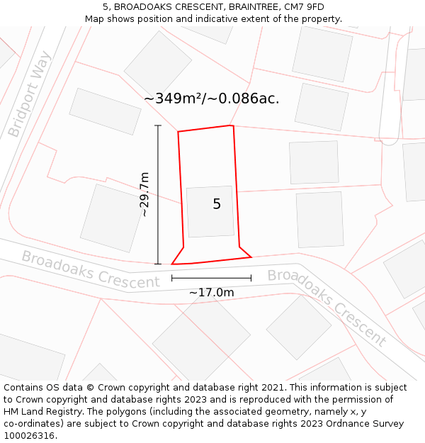 5, BROADOAKS CRESCENT, BRAINTREE, CM7 9FD: Plot and title map