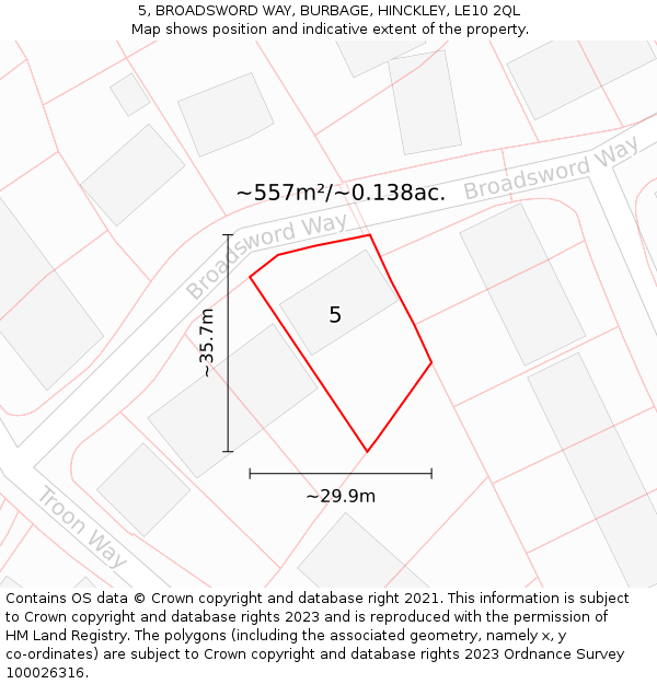 5, BROADSWORD WAY, BURBAGE, HINCKLEY, LE10 2QL: Plot and title map