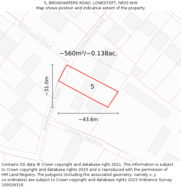 5, BROADWATERS ROAD, LOWESTOFT, NR33 9HX: Plot and title map