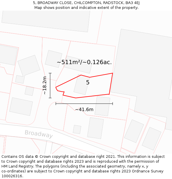 5, BROADWAY CLOSE, CHILCOMPTON, RADSTOCK, BA3 4EJ: Plot and title map