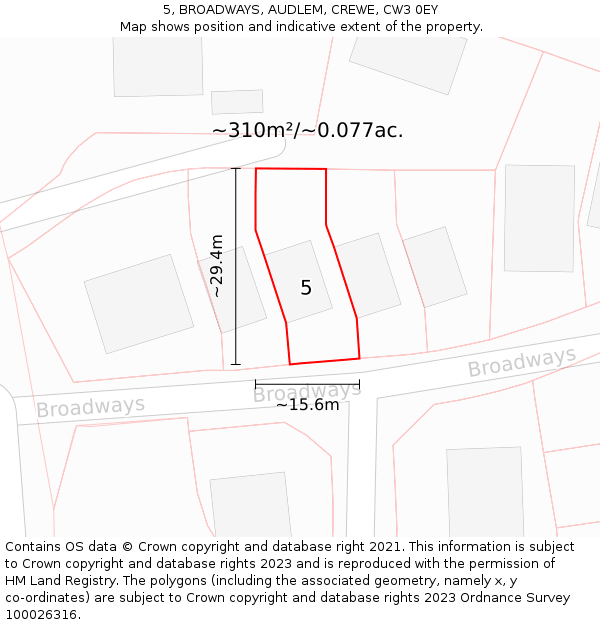 5, BROADWAYS, AUDLEM, CREWE, CW3 0EY: Plot and title map