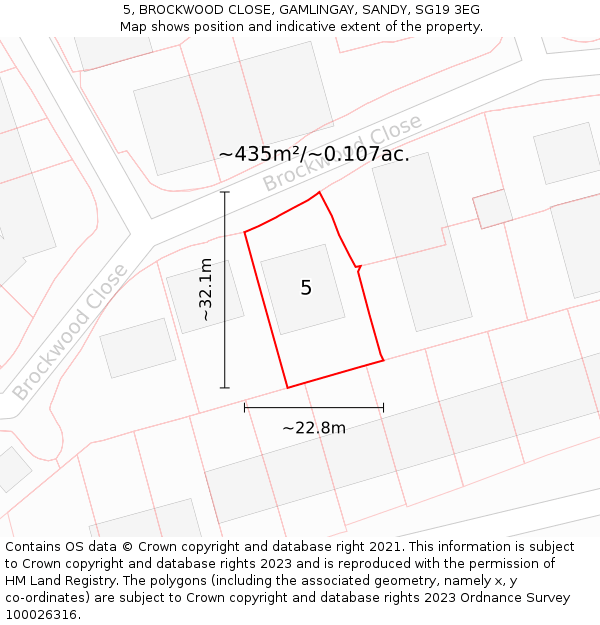 5, BROCKWOOD CLOSE, GAMLINGAY, SANDY, SG19 3EG: Plot and title map