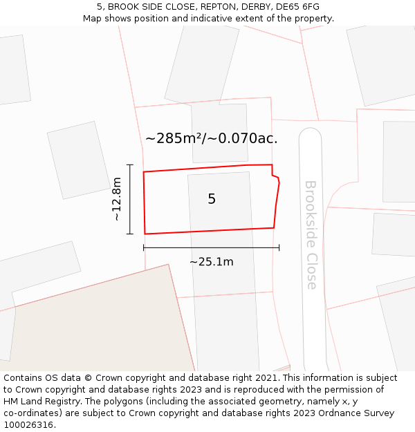 5, BROOK SIDE CLOSE, REPTON, DERBY, DE65 6FG: Plot and title map