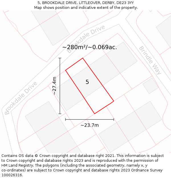 5, BROOKDALE DRIVE, LITTLEOVER, DERBY, DE23 3YY: Plot and title map