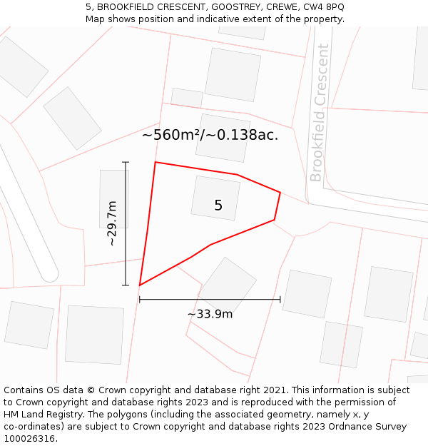 5, BROOKFIELD CRESCENT, GOOSTREY, CREWE, CW4 8PQ: Plot and title map