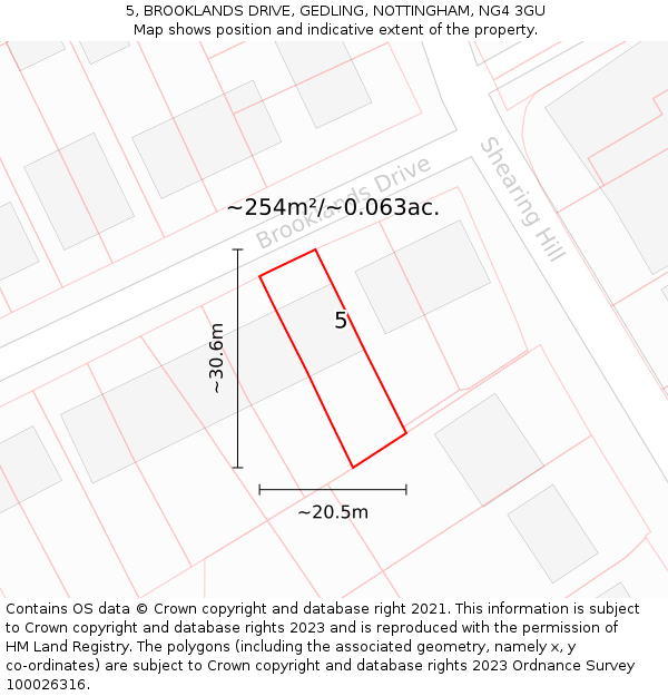 5, BROOKLANDS DRIVE, GEDLING, NOTTINGHAM, NG4 3GU: Plot and title map