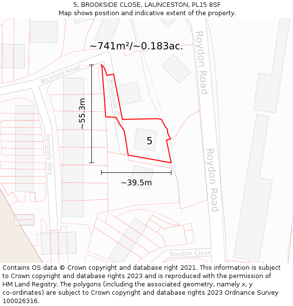 5, BROOKSIDE CLOSE, LAUNCESTON, PL15 8SF: Plot and title map