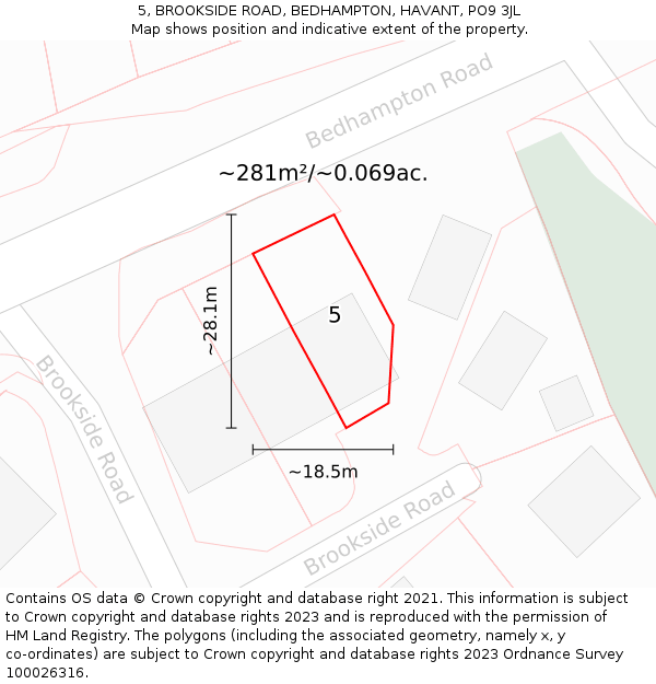 5, BROOKSIDE ROAD, BEDHAMPTON, HAVANT, PO9 3JL: Plot and title map