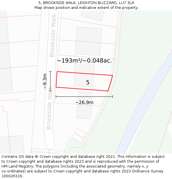 5, BROOKSIDE WALK, LEIGHTON BUZZARD, LU7 3LA: Plot and title map