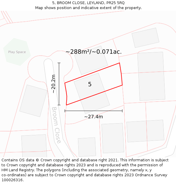 5, BROOM CLOSE, LEYLAND, PR25 5RQ: Plot and title map