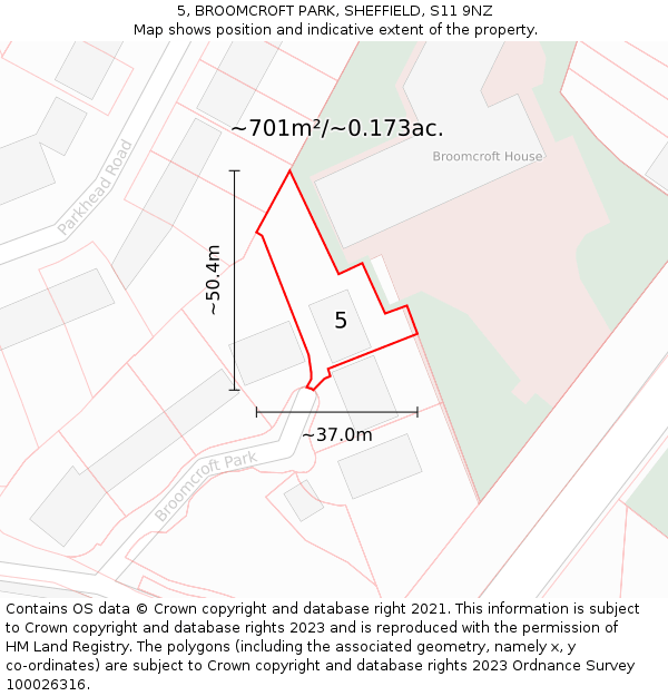 5, BROOMCROFT PARK, SHEFFIELD, S11 9NZ: Plot and title map