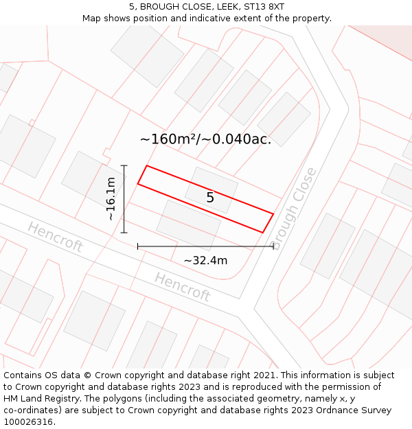 5, BROUGH CLOSE, LEEK, ST13 8XT: Plot and title map