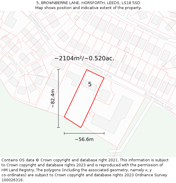 5, BROWNBERRIE LANE, HORSFORTH, LEEDS, LS18 5SD: Plot and title map