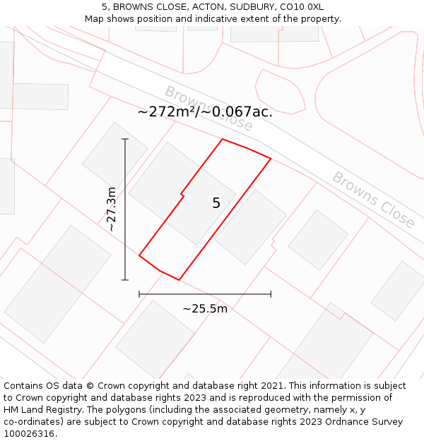 5, BROWNS CLOSE, ACTON, SUDBURY, CO10 0XL: Plot and title map