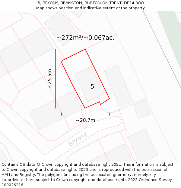 5, BRYONY, BRANSTON, BURTON-ON-TRENT, DE14 3QQ: Plot and title map