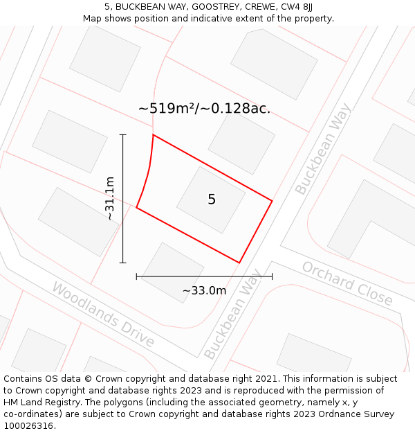 5, BUCKBEAN WAY, GOOSTREY, CREWE, CW4 8JJ: Plot and title map