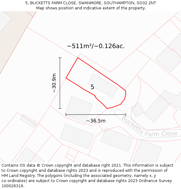 5, BUCKETTS FARM CLOSE, SWANMORE, SOUTHAMPTON, SO32 2NT: Plot and title map