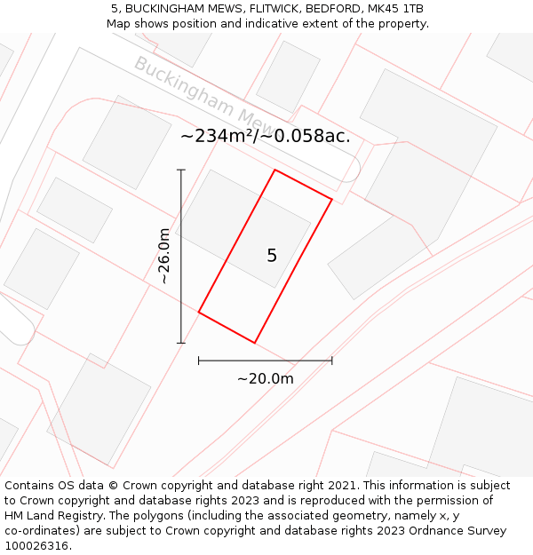 5, BUCKINGHAM MEWS, FLITWICK, BEDFORD, MK45 1TB: Plot and title map