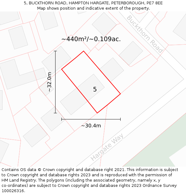 5, BUCKTHORN ROAD, HAMPTON HARGATE, PETERBOROUGH, PE7 8EE: Plot and title map