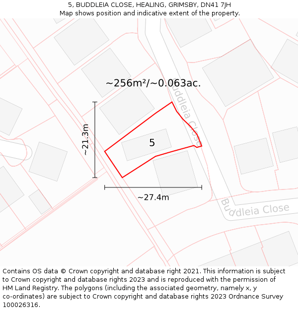 5, BUDDLEIA CLOSE, HEALING, GRIMSBY, DN41 7JH: Plot and title map