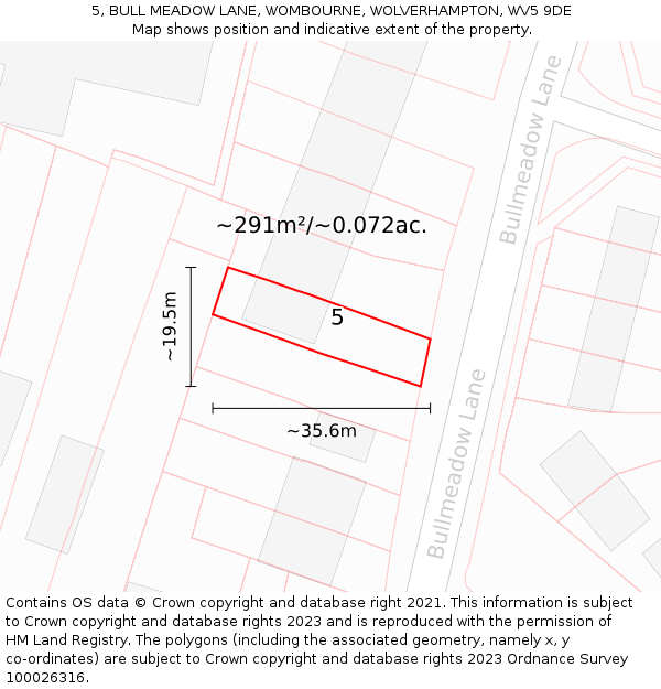 5, BULL MEADOW LANE, WOMBOURNE, WOLVERHAMPTON, WV5 9DE: Plot and title map
