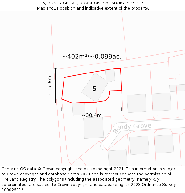 5, BUNDY GROVE, DOWNTON, SALISBURY, SP5 3FP: Plot and title map