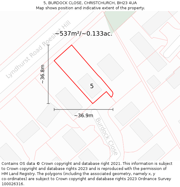 5, BURDOCK CLOSE, CHRISTCHURCH, BH23 4UA: Plot and title map