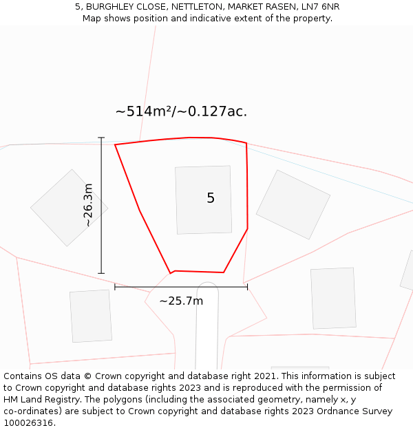 5, BURGHLEY CLOSE, NETTLETON, MARKET RASEN, LN7 6NR: Plot and title map
