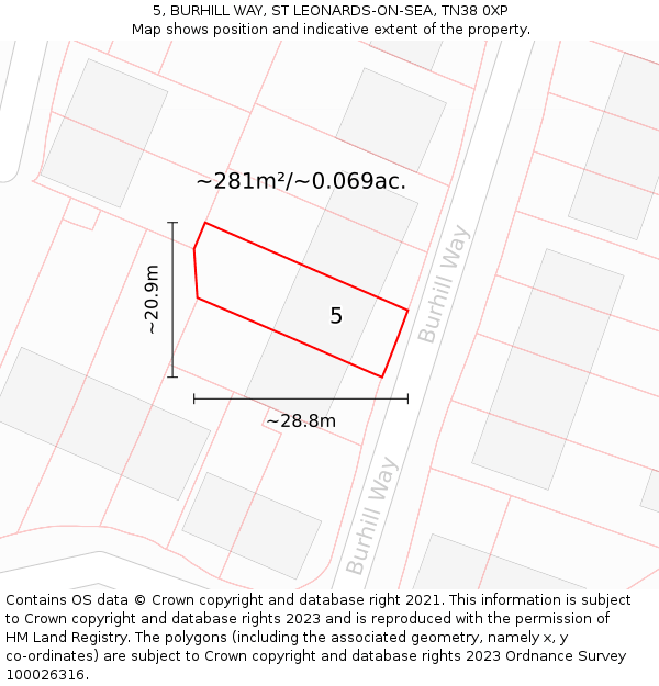 5, BURHILL WAY, ST LEONARDS-ON-SEA, TN38 0XP: Plot and title map